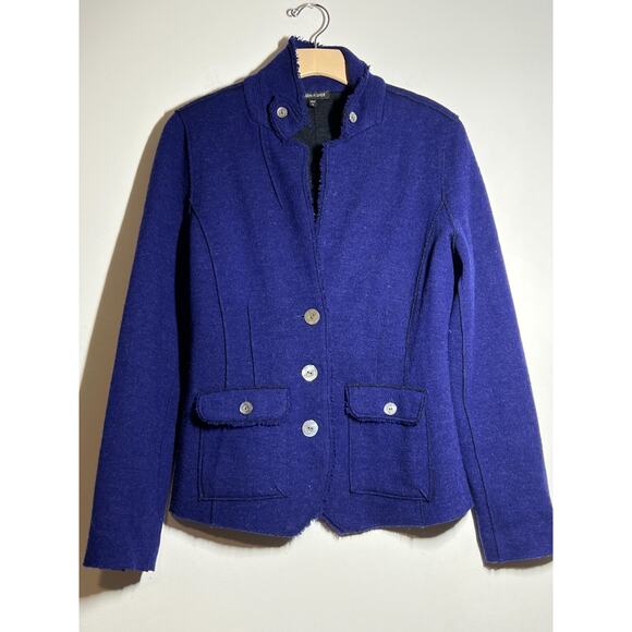 Eileen Fisher EUC Purple Merino Wool Jacket Blazer Button Front Raw Hem Size M - Picture 2 of 8
